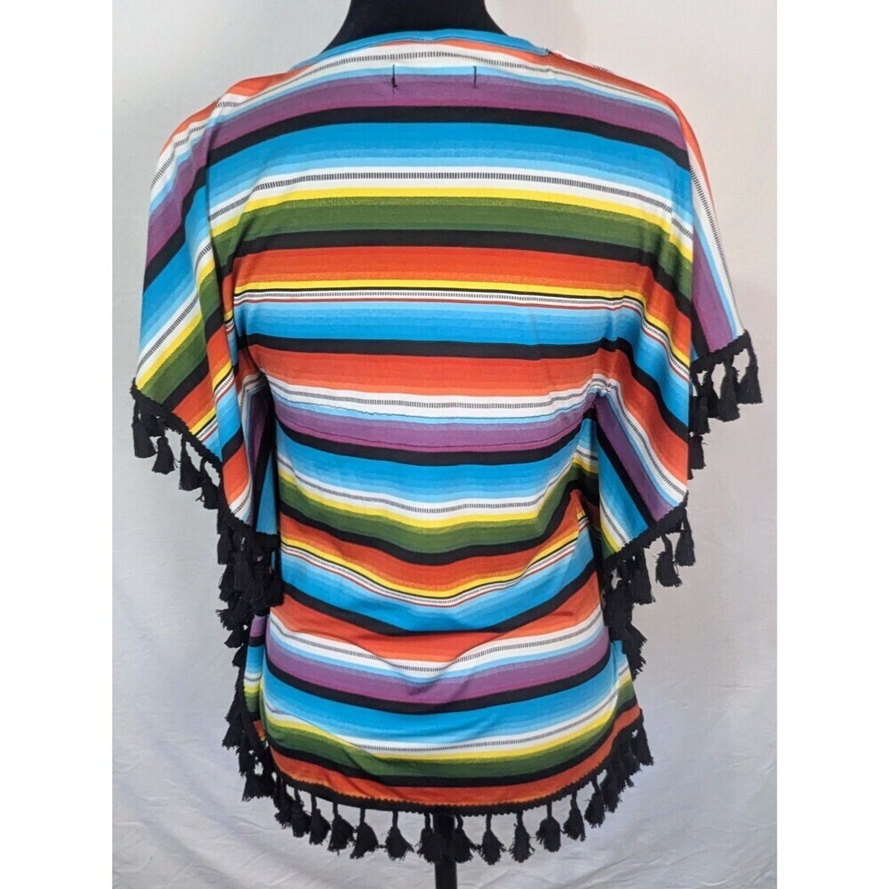 Southern Stitch Women's Medium Serape Stripe Poncho Blouse Tassel Fringe V-Neck - Picture 2 of 9